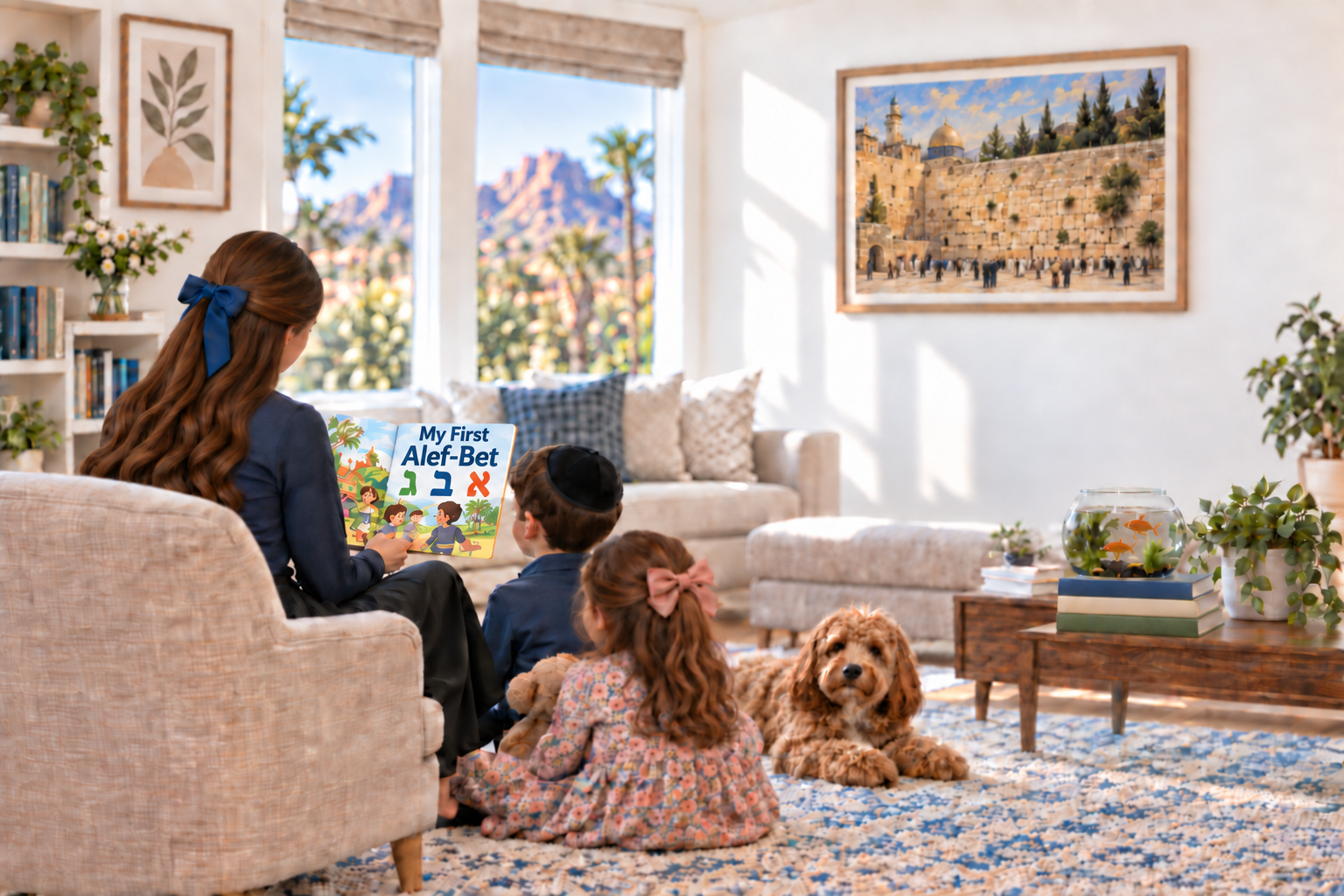 A modestly dressed babysitter sharing a Jewish children’s book with two children in a bright living room with a dog, fish and a painting of Jerusalem’s Western Wall